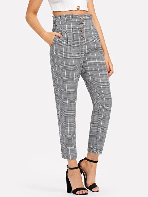 Single Breasted Frill Trim Plaid Pants