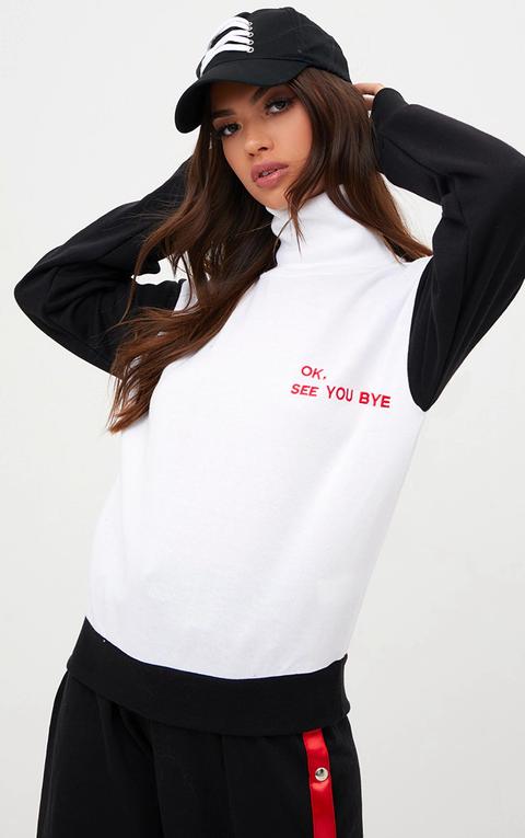 White Ok| See You Bye Slogan High Neck Sweater, White