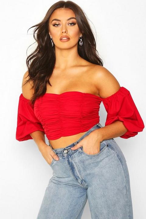 Crop Top Froncé À Manches Volumineuses - Rouge - 40, Rouge