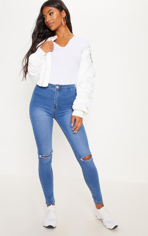 Mid Wash Knee Rip High Waisted Skinny Jean, Mid Blue Wash