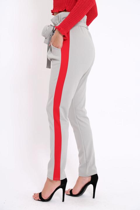 Grey With Red Stripe Paper Bag Tie Waist Cigarette Trousers - Karmen