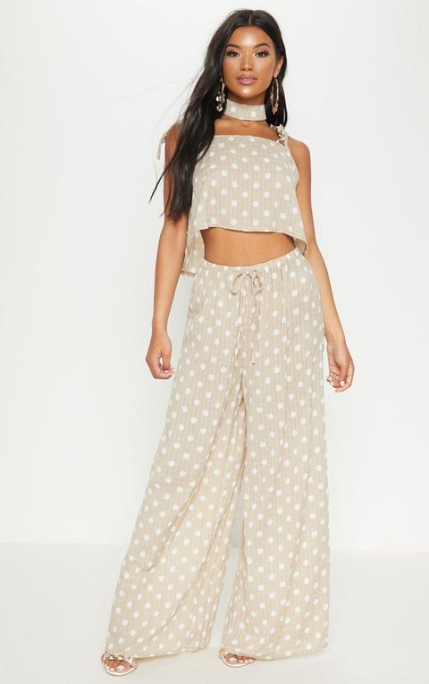 Stone Cheesecloth Polka Dot Wide Leg Trousers, White