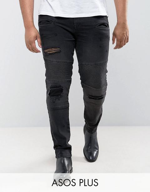 Asos Design Plus Super - Jeans Skinny Jeans Biker Con Abrasioni - Nero