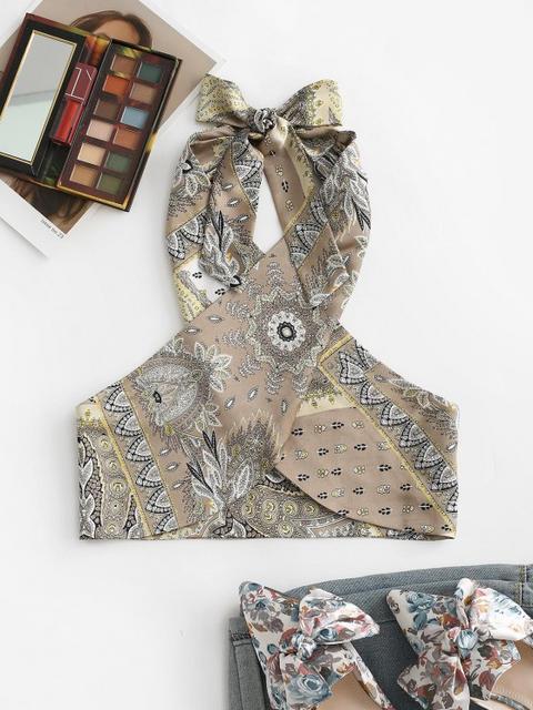 Zaful Satin Bandana Print Cross Front Crop Top Multi