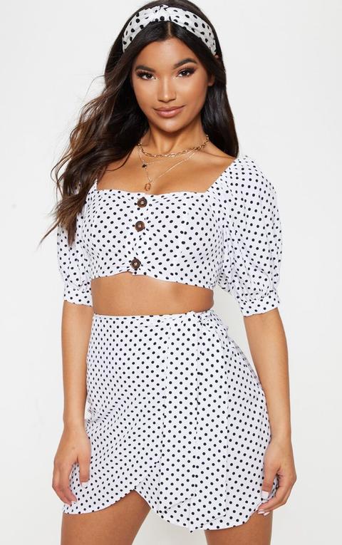 White Polka Dot Wrap Detail Mini Skirt, White