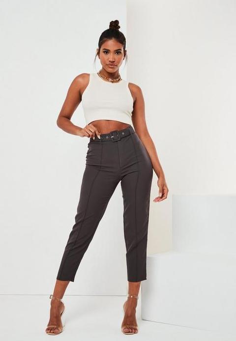 Petite Dark Grey Co Ord Belted Cigarette Trousers, Grey