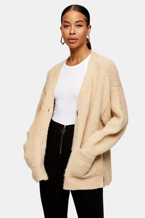 Camel Brushed Ribbed Midi Knitted Cardigan