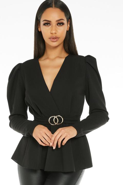 Black Puff Sleeve Peplum Top