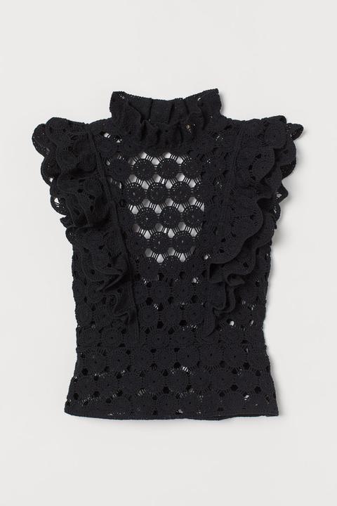 Flounce-trimmed Crocheted Top - Black