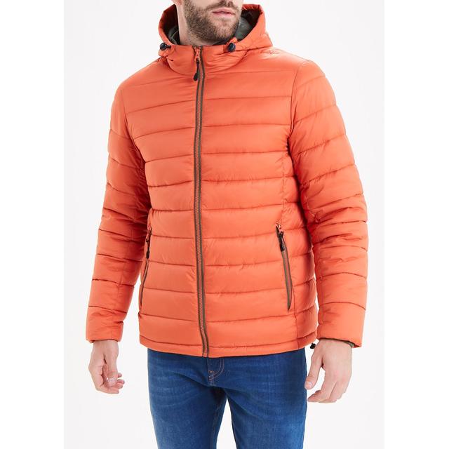 orange hooded puffer jacket