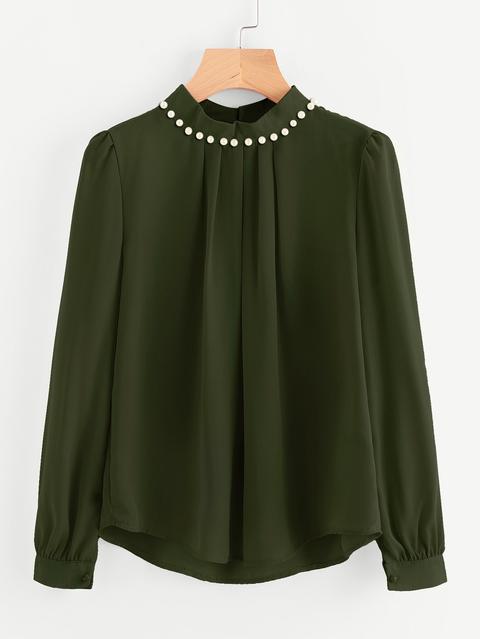 Pearl Beading Puff Sleeve Chiffon Blouse