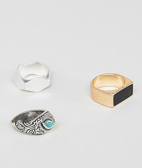 Pull&bear Chunky Ring 3 Pack In Silver And Gold