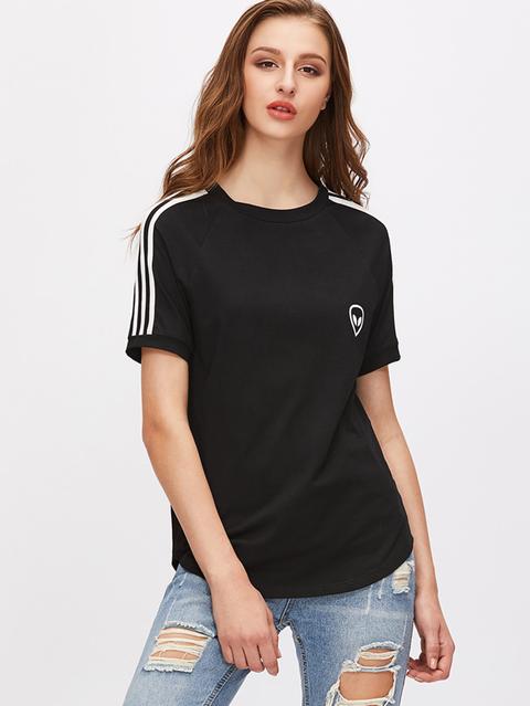 Black Alien Print Striped Raglan Sleeve T-shirt