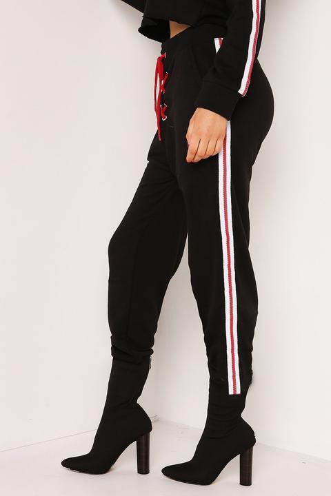 Black Contrast Lace Up Stripe Joggers