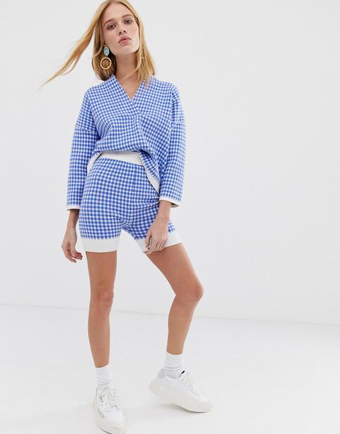 Asos White Check Knitted Shorts Co-ord-multi