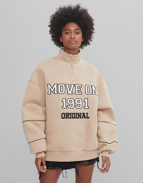 Bershka Zip Up Collegic Sweat In Beige-neutral