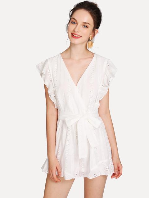 Kleid Mit Stickereien, Gürtel Und Raffung
