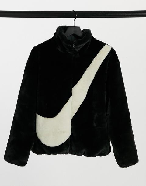 Nike Faux Fur Oversized Swoosh Jacket In Black