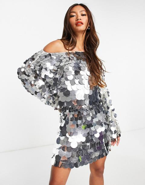 Asos Design Slouchy Embellished Mini Dress In Silver Oversized Disc Sequin