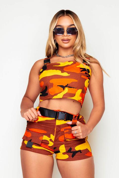 Orange Camo Crop Top & Shorts Co-ord