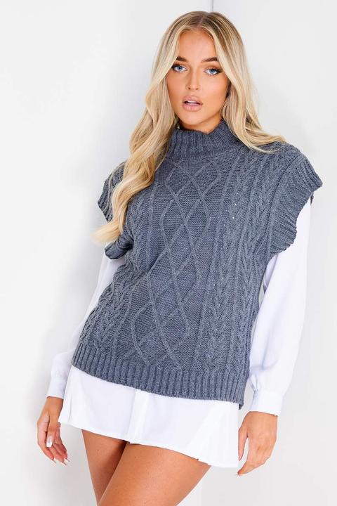 Hazel Charcoal High Neck Cable Knit Vest Top