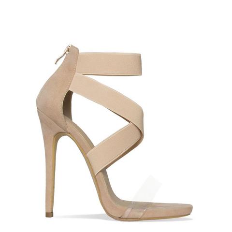 Madeline Beige Suede Clear Strappy Stiletto Heels