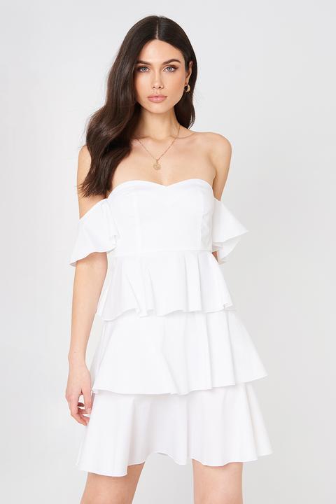 Na-kd Boho Off Shoulder Mini Flounce Dress - White