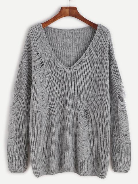 Maglione Strappato Spalle Cascanti Scollo V Grigio