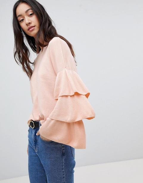 Only - Maglione Leggero Con Maniche A Strati Con Volant - Rosa