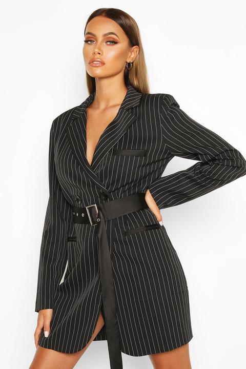 Womens Pinstripe Belted Blazer Dress - Black - S