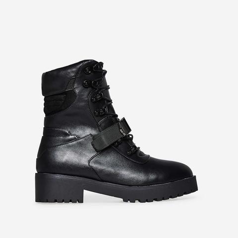 Amiri Buckle Detail Lace Up Biker Boot In Black Faux Leather, Black