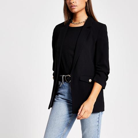 Black Button Pocket Ruched Sleeve Blazer