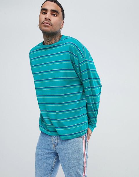 Asos Design Oversized Long Sleeve T-shirt With Bright Green Stripe