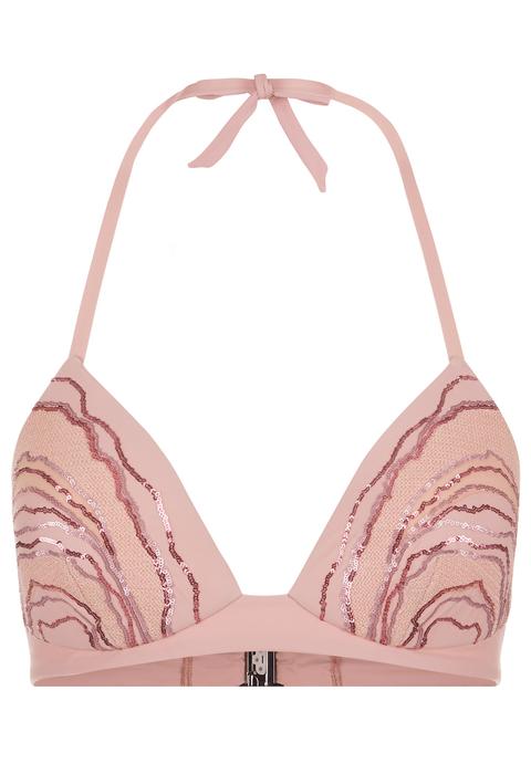 Reggiseno Mare A Triangolo Rosa Cipria Imbottito Con Paillettes E Allacciatura Dietro Al Collo