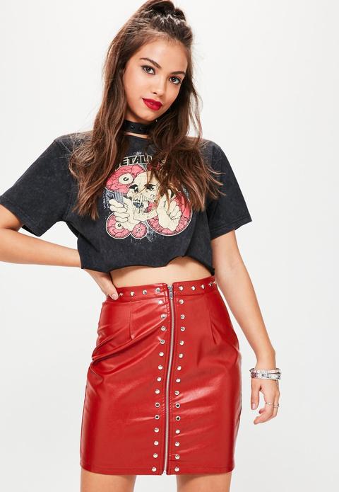 Red Zip Through Stud Faux Leather Mini Skirt