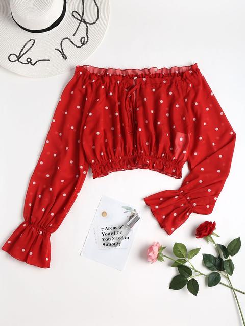 Camicetta A Pois Con Spalle Scoperte Black Chestnut Red School Bus Yellow