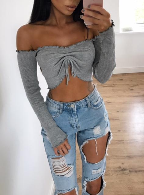 Toria Knit Ruched Crop Top - Grey (sale)