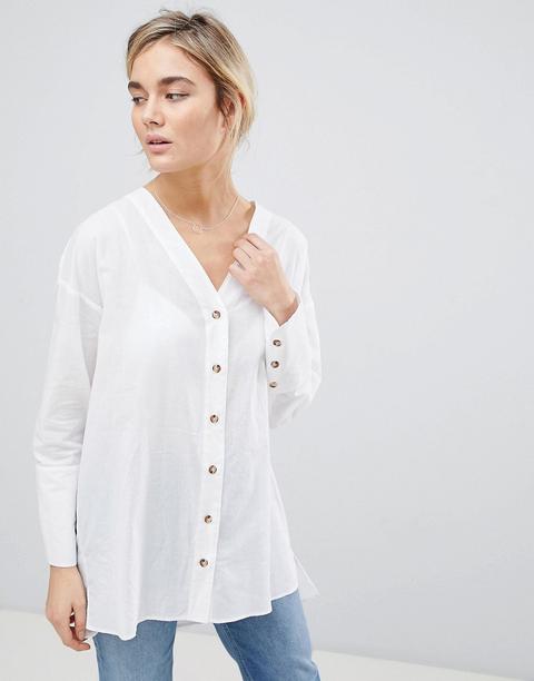 Asos Design - Camicia Lunga Con Bottoni Di Corno E Maniche Lunghe - Bianco