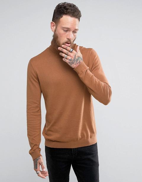 Asos - Maglione In Cotone Color Cuoio Con Collo Alto - Marrone