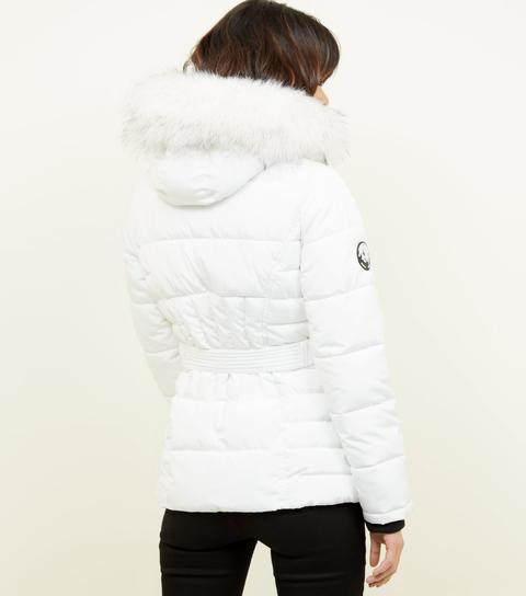 White faux fur clearance hood belted puffer jacket