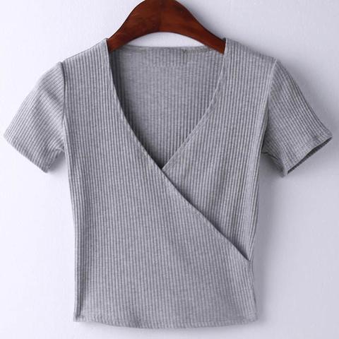 T-shirt Col V Manche Courte - Gris