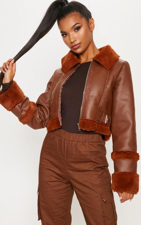 Tan Faux Fur Trim Cropped Aviator