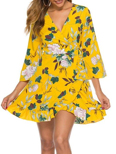 Floral Leaf Ruffle Mini Wrap Dress