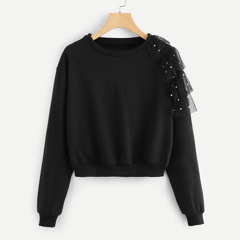 Casuale A Tinta Unita Imperlato Pullover Nero Felpe