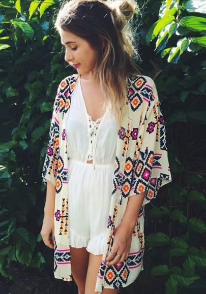 Kimono Floral De La Manga Del Codo De Impresión Beige