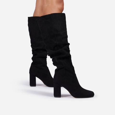 Viral Square Toe Block Heel Knee High Long Boot In Black Faux Suede, Black