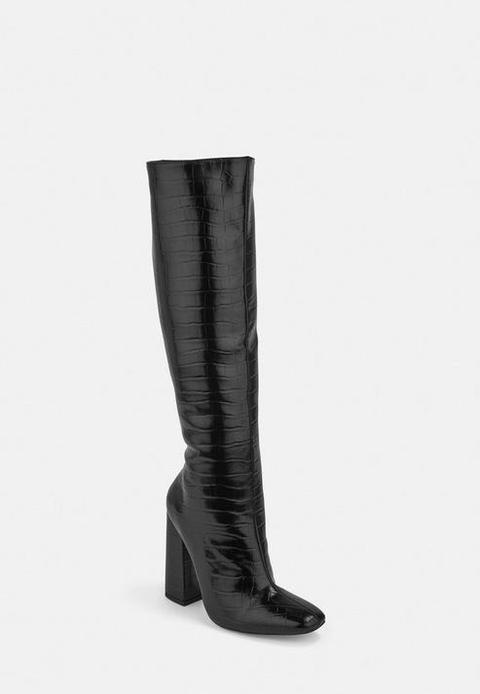 Black Croc Calf Height Heeled Boots, Black