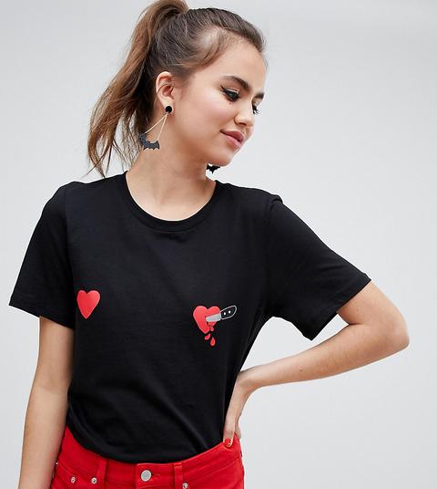 Monki - T-shirt Oversize Nera Per Halloween Con Logo A Cuore Sul Petto - Nero