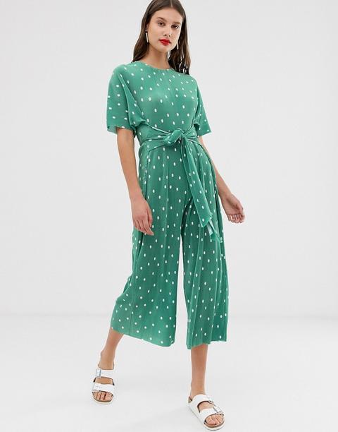 Asos Design - Tuta Jumpsuit Lunga Plissé A Pois Con Allacciatura Sul Davanti - Multicolore