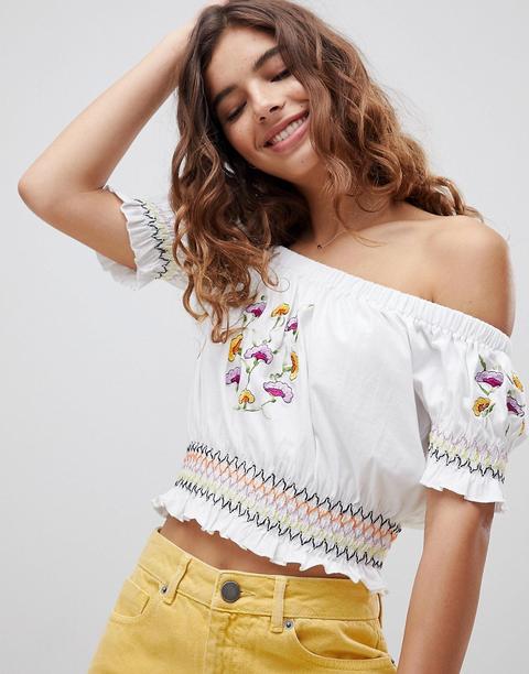 Asos Design -top Con Spalle Scoperte E Fiori Ricamati - Bianco